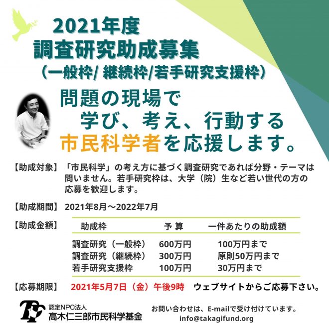 高木仁三郎市民科学基金 21年度国内枠助成の募集について 5 7締切 全国 国際協力ngoセンター Janic