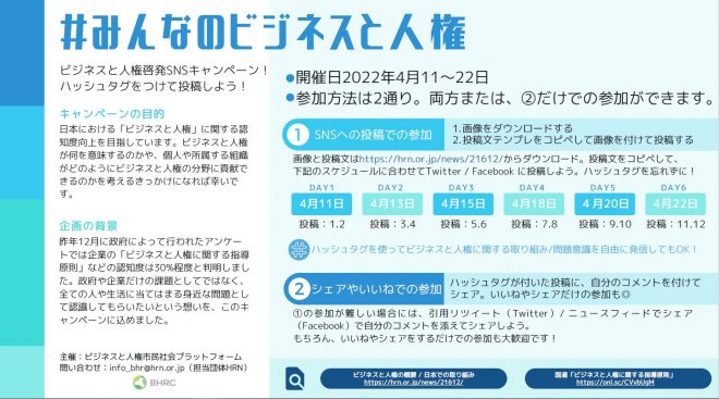 【4/11～4/22】「みんなのビジネスと人権」ハッシュタグをつけてSNSに投稿しよう！キャンペーンのお知らせ