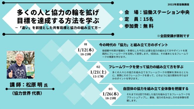 【非営利組織向け無料講座(1/12～全3回)】多くの人と協力の輪を拡げ 目標を達成する方法を学ぶ −「違い」を前提とした共有目標と協力の組み立て方−