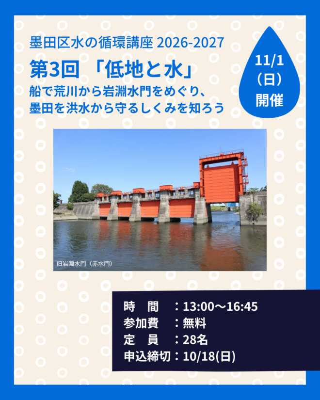 【参加者募集】11/1 墨田区水の循環講座 第3回「低地と水」船で荒川から岩淵水門をめぐり、墨田を洪水から守るしくみを知ろう